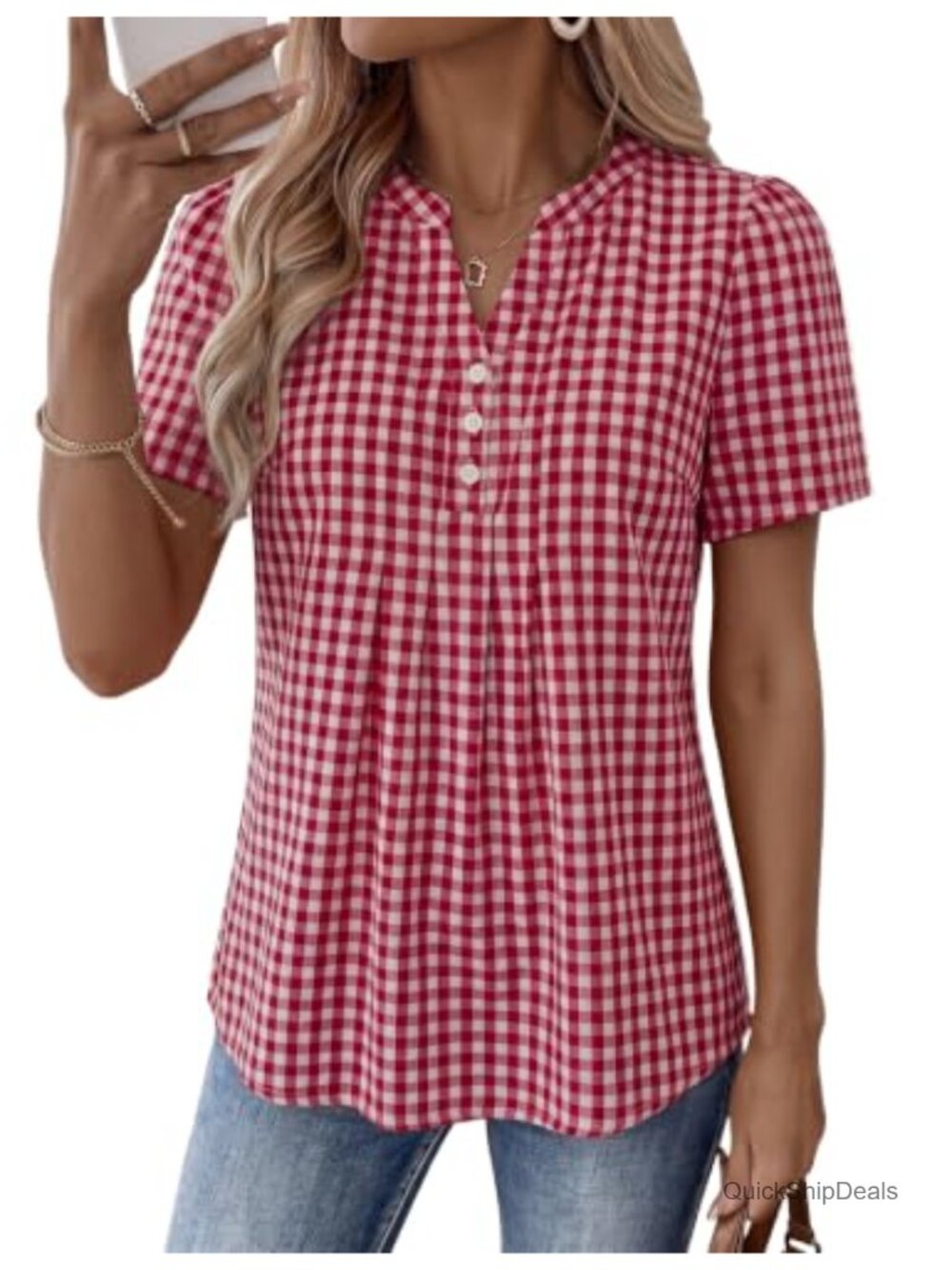Boho V Neck Pleated Blouse Short Sleeve Button Up Casual Summer Top
